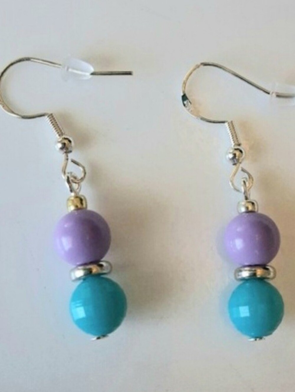 Women Handmade Purple and Turquoise Bead Drop Earrings w/Silver Tones